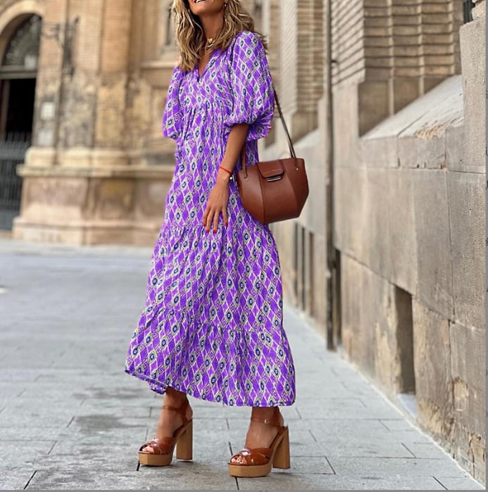Puffy Sleeve Floral Pattern Elegant Boho Dress