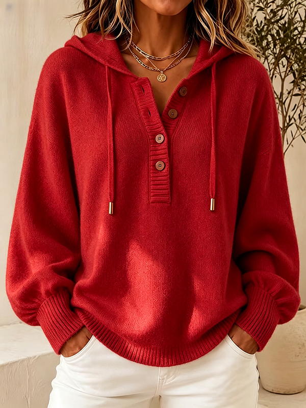 Women's Hooded Knit Sweater – Button Detail Soft Pullover Casual Jumper