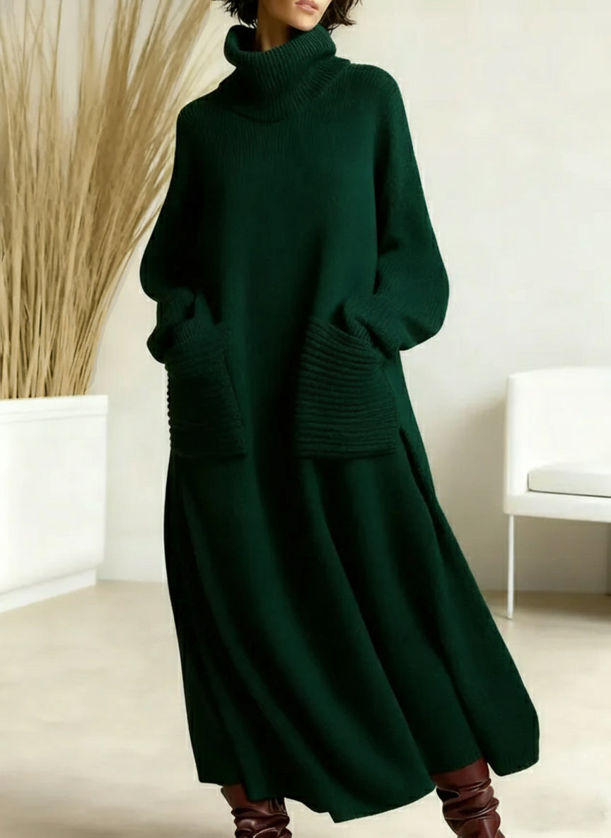 🎄 New Arrivals🔥 Women's Solid Color High-Neck Long-Sleeve Casual Loose Knit Dress