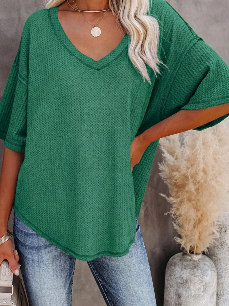 New Arrivals🔥Women's V-neck Short-Sleeve Casual Loose Waffle Knit Top