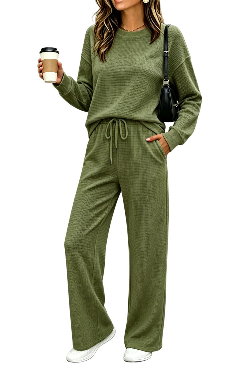 ⏰ LAST DAY SAVE 50% 🔥Women's 2 Piece Sets Waffle Knit Crewneck Sweatshirt & Pants Casual Travel Outfits