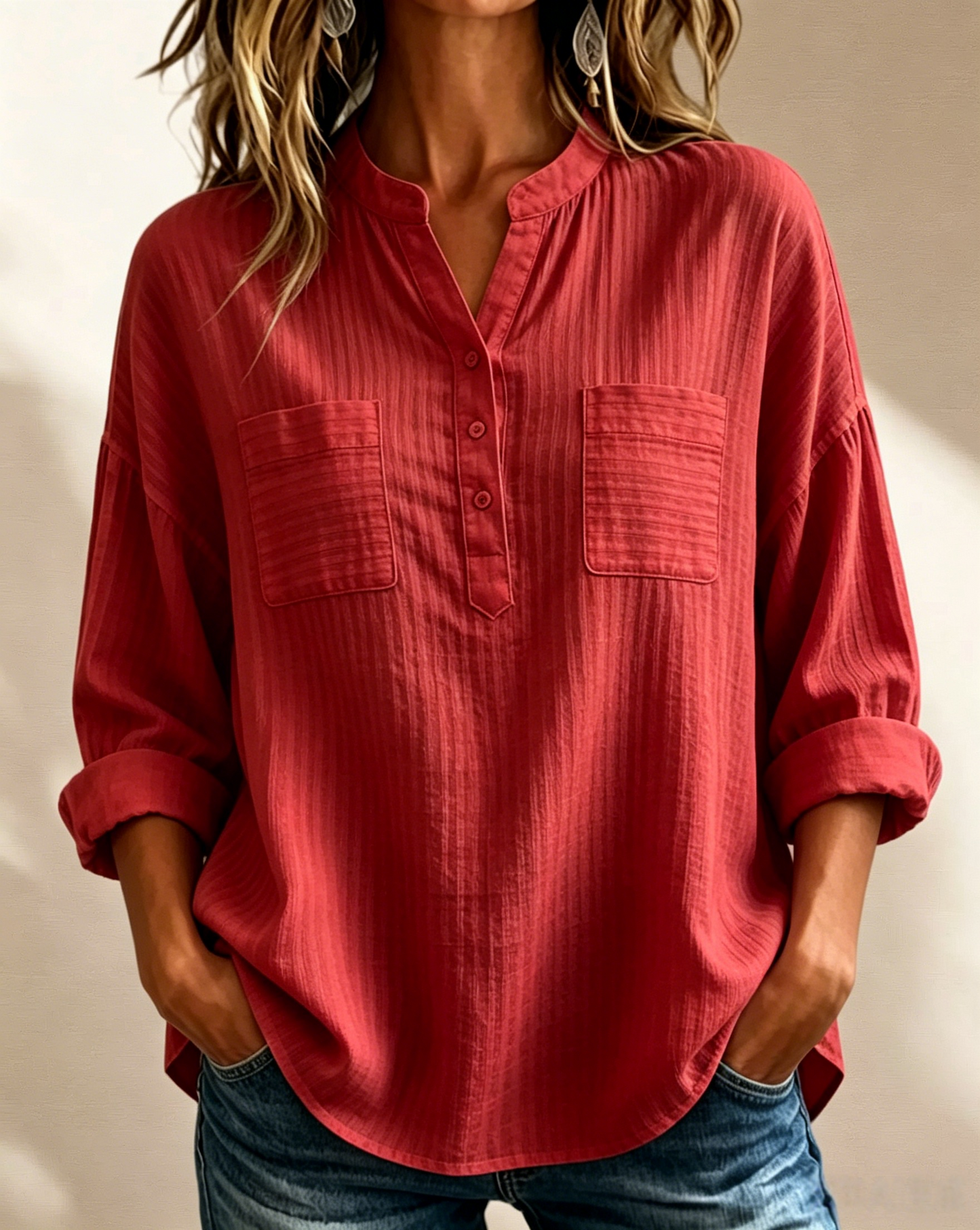 New Arrival 🔥 Women's Casual Loose Cotton-Linen Shirt with V-Neck and Long Sleeves