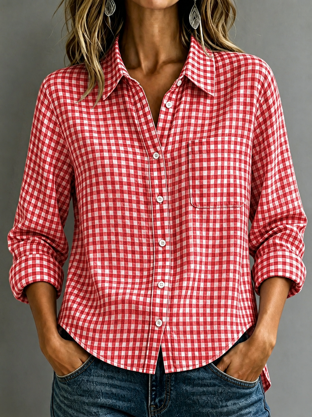 🔥CLEARANCE SALE🔥Women's Cotton-Linen Plaid Shirt with Collar and Pockets