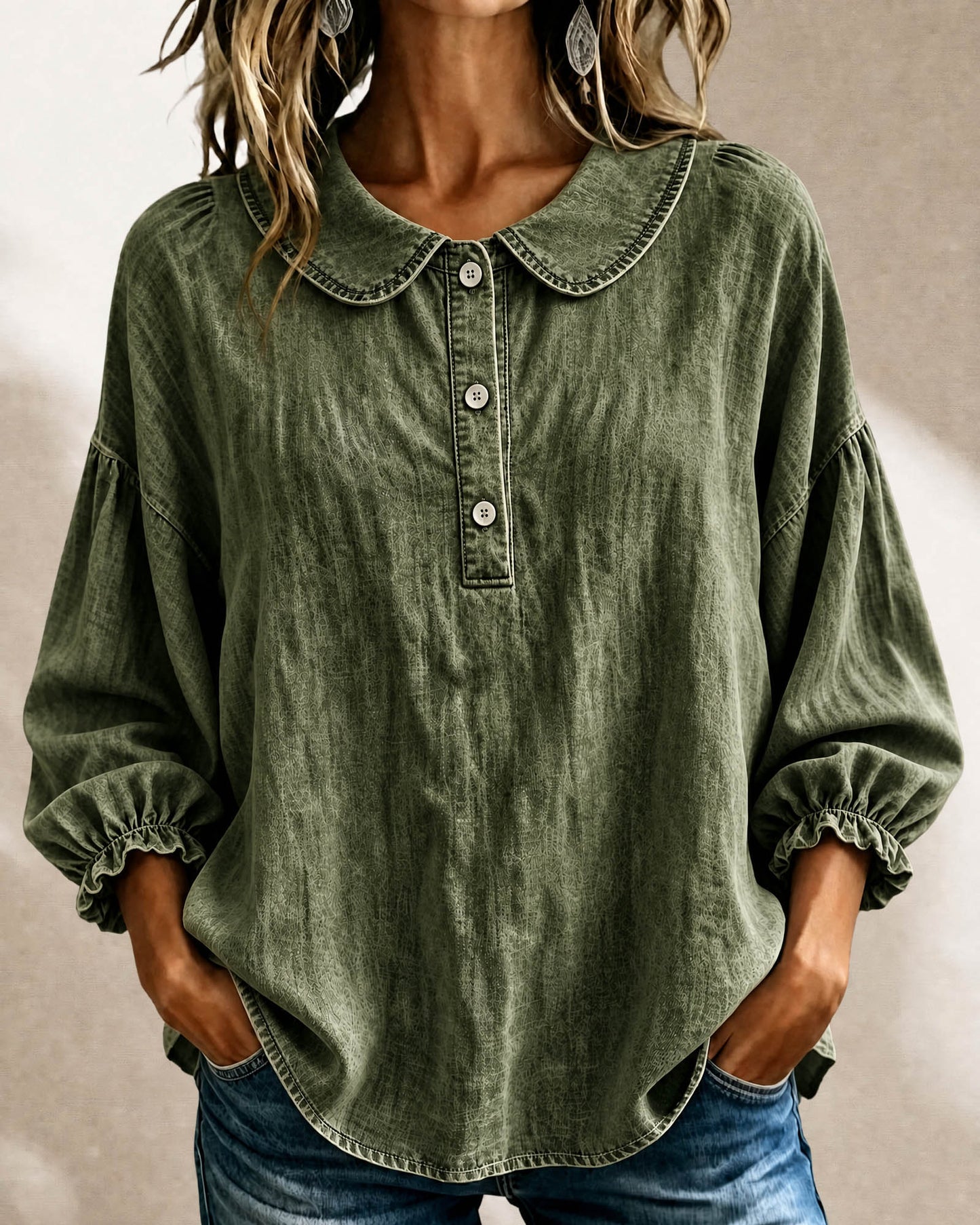š„CLEARANCE SALEš„Womenās Denim Peter-Pan-Collar Three-Quarter Sleeve Top