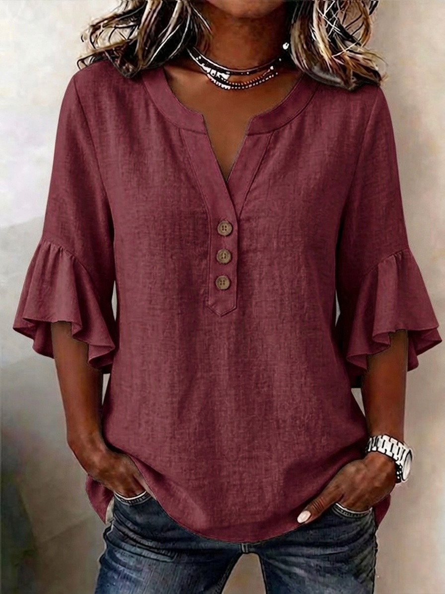 🔥CLEARANCE SALE🔥Women's Solid-color V-neck 3/4-sleeve Casual Loose Cotton-linen Top
