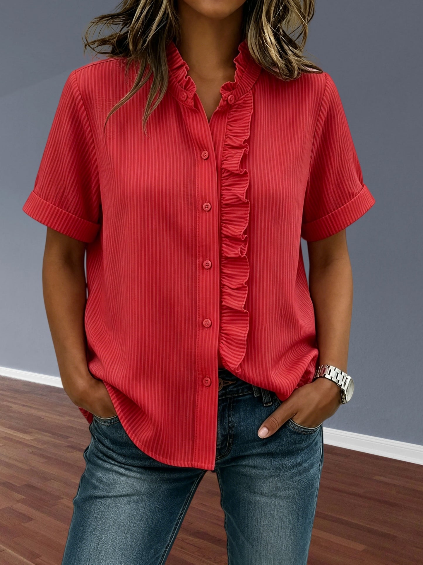 NEW🔥Women's Stand Collar Short-sleeved Casual Button-up Loose Striped Ruffle Top