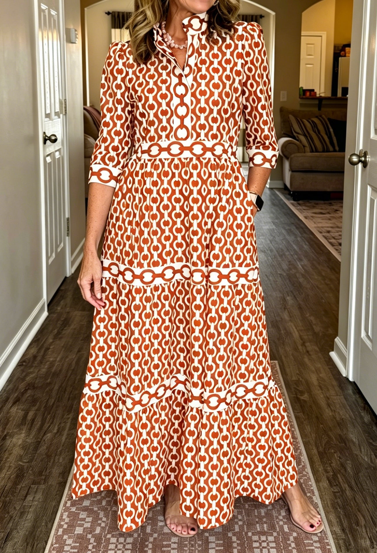 NEW🔥Women's V-neck 3/4 Sleeve Casual Button-up Loose Chain Print Maxi Dress