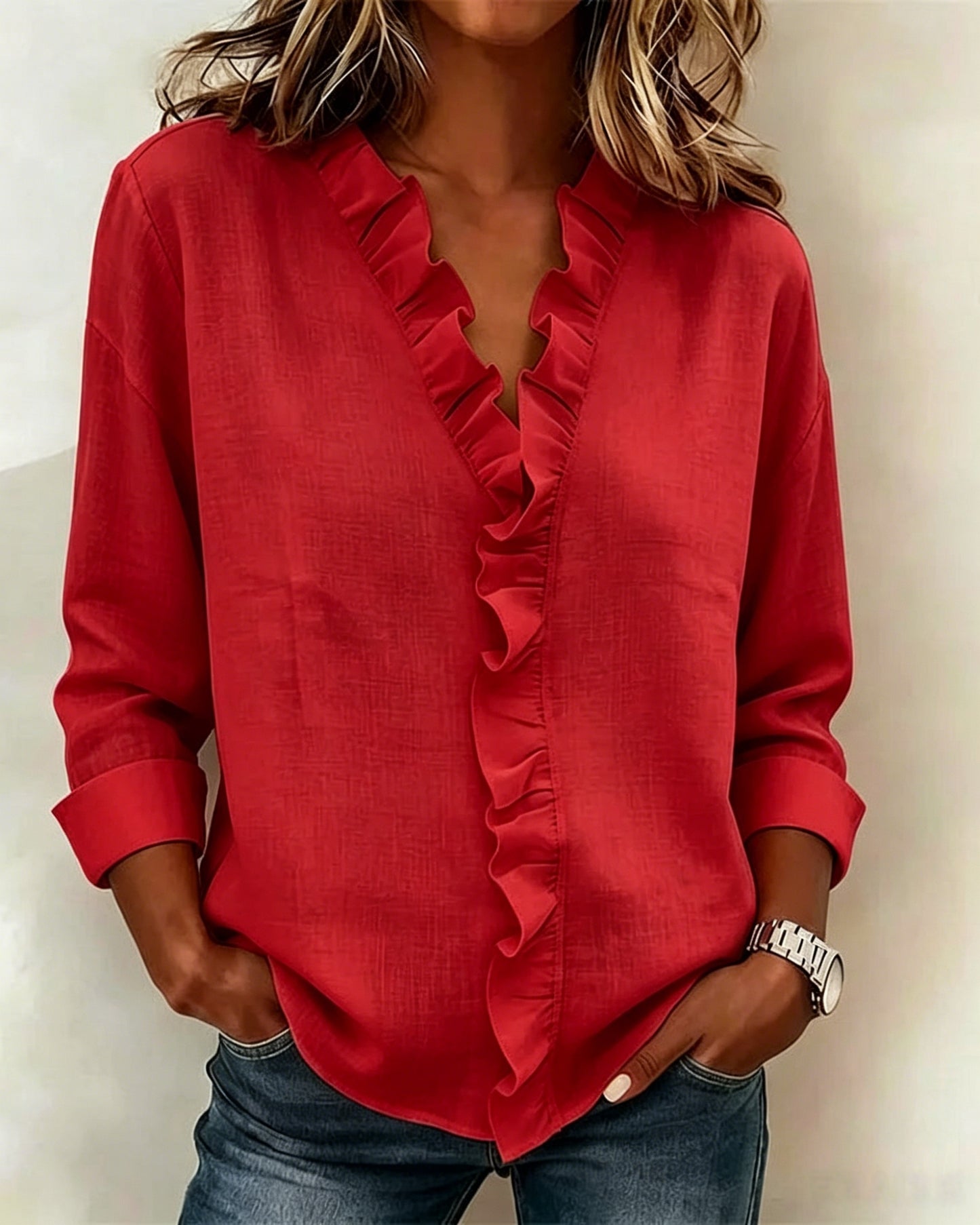 🔥CLEARANCE SALE🔥 Women's V-neck Casual Ruffle Trim Loose Cotton Blouse