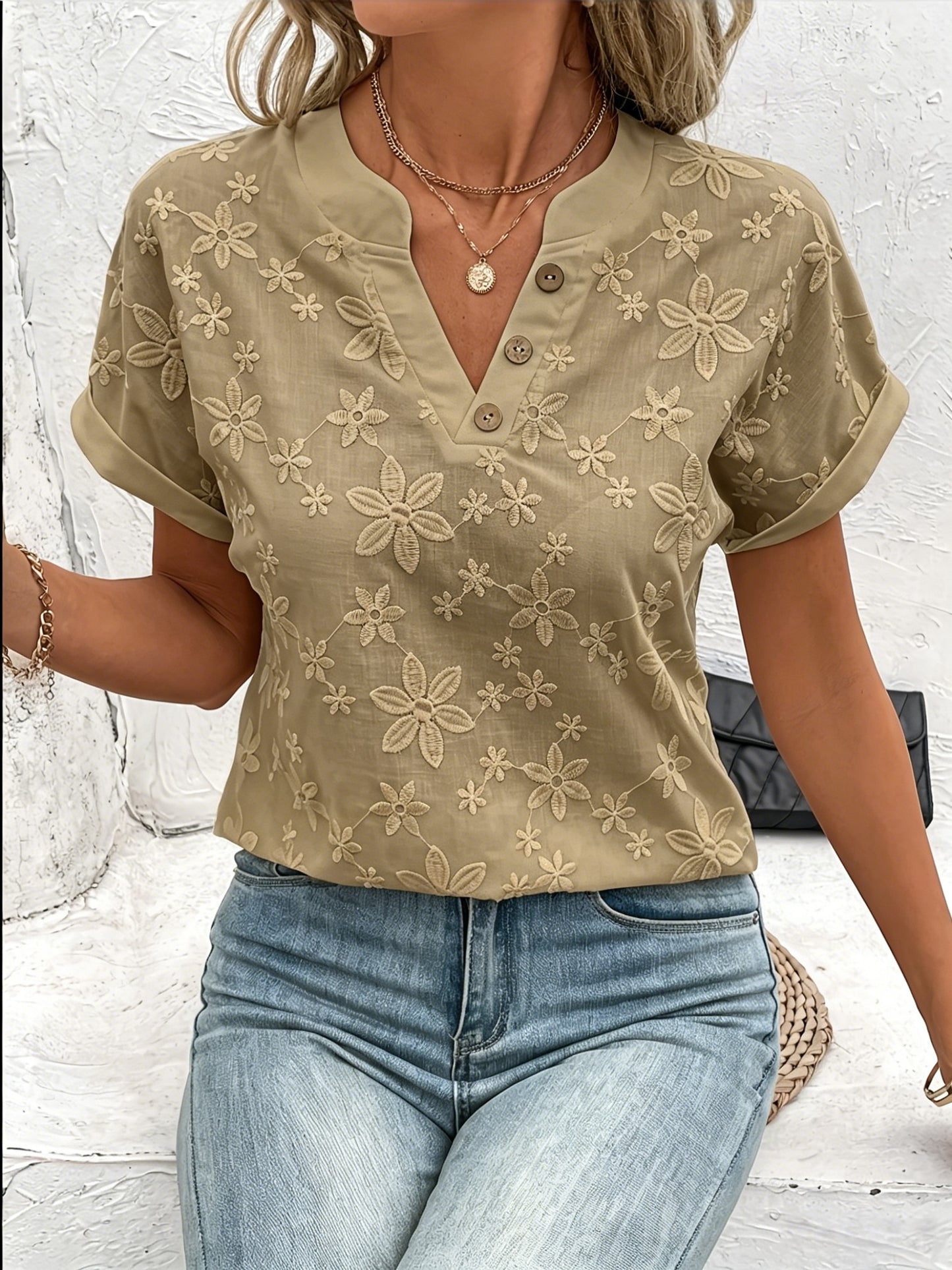 🔥CLEARANCE SALE🔥 Women's V-neck Short-sleeved Button-up Loose Floral Pattern Top