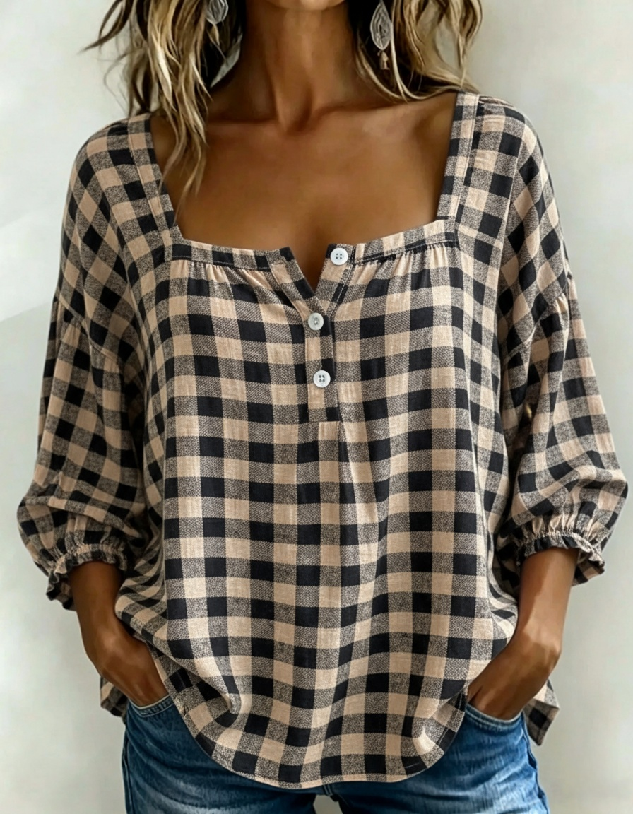 🌸Today 50% OFF🌸Women’s Cotton Linen Gingham Square-Neck Short-Sleeve Top