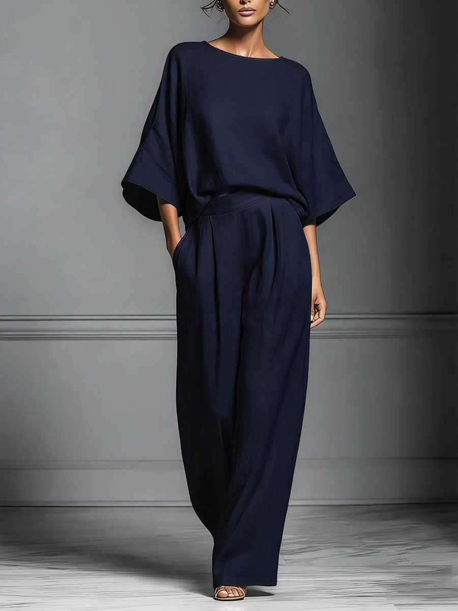 Women's Elegant Bell-sleeve Round Neck Linen Suit
