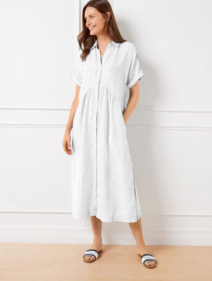 Drop Waist Linen Shirtdress - Happy Stripe