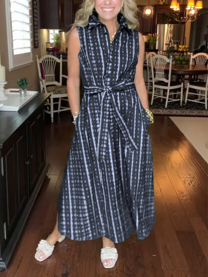 New🔥 Lapel Button Printed Waistband Dress