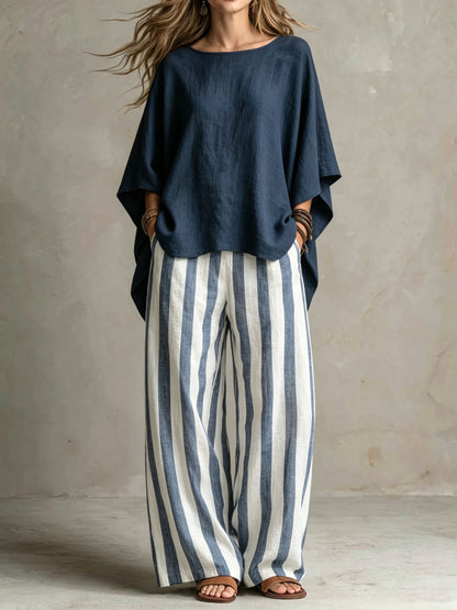 Women Relaxed Linen Stripe Wide-Leg Set