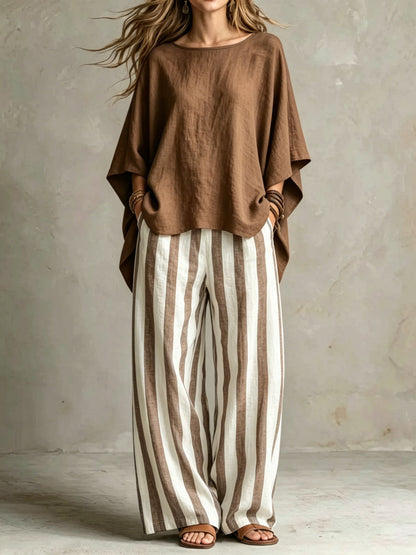 Women Relaxed Linen Stripe Wide-Leg Set