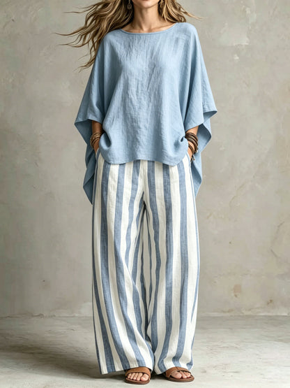 Women Relaxed Linen Stripe Wide-Leg Set