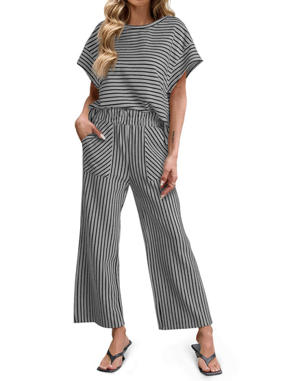 ⏰ LAST DAY SAVE 50% 💥Womens Striped Short Sleeve T Shirts Wide Leg Pants Matching Lounge Set
