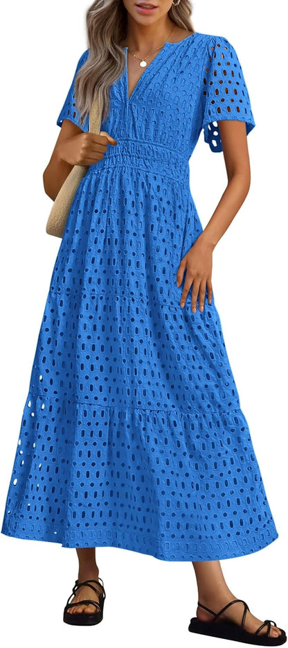 NEW 🔥Womens 2025 Summer Maxi Dress Short Sleeve V Neck Hollow Out Eyelet A Line Dresses