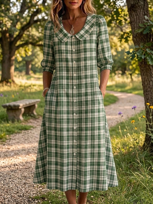 New Arrivals🔥 Women's Retro Peter Pan Collar Stripe Print Cotton Linen Dress