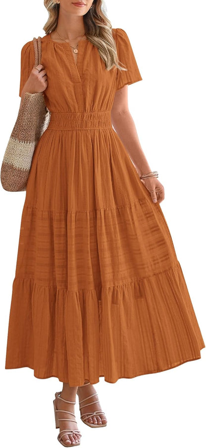 HOT SALE Womens Summer Lightweight Short Sleeve V Casual Midi Maxi Dresses