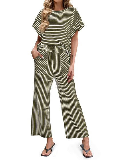 ⏰ LAST DAY SAVE 50% 💥Womens Striped Short Sleeve T Shirts Wide Leg Pants Matching Lounge Set