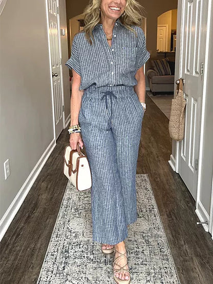 NEW💥 Cotton Linen Striped Classic Pocket Shirt Set
