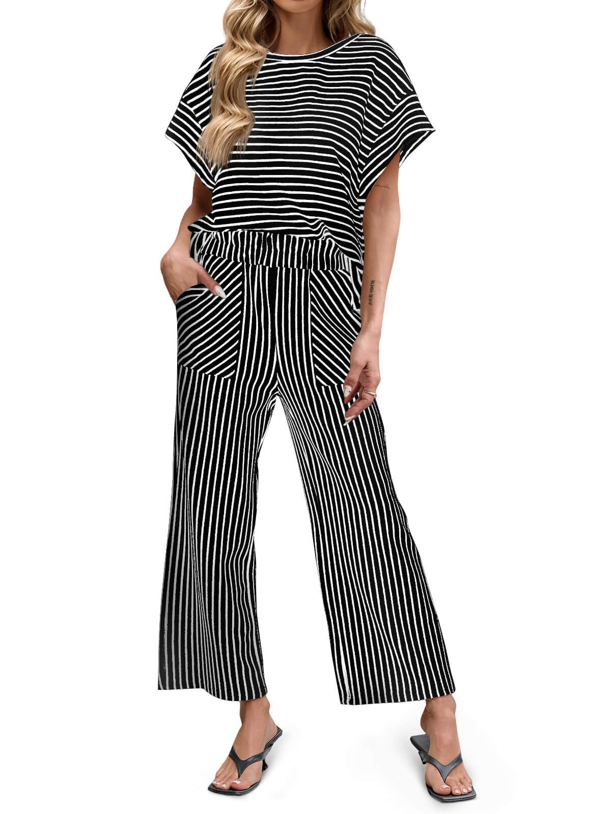 ⏰ LAST DAY SAVE 50% 💥Womens Striped Short Sleeve T Shirts Wide Leg Pants Matching Lounge Set