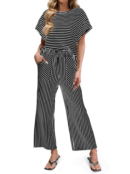 ⏰ LAST DAY SAVE 50% 💥Womens Striped Short Sleeve T Shirts Wide Leg Pants Matching Lounge Set