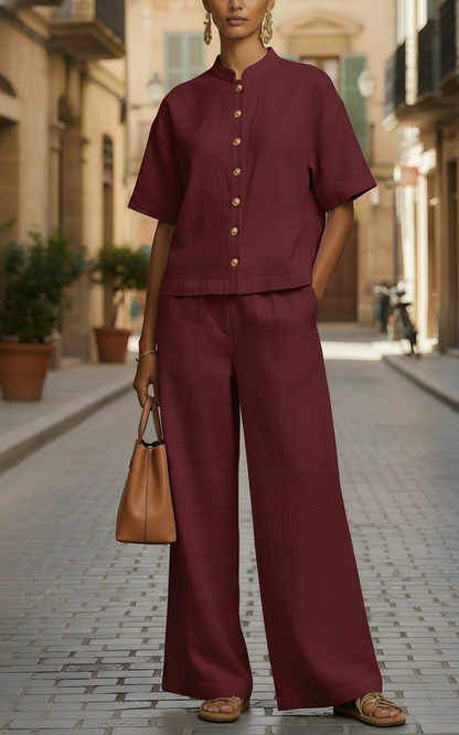 New Arrivals🔥Women's Lightweight Button-Up Top and Loose Wide-Leg Pants Set