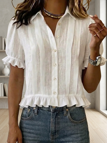 New Arrivals🔥Women's Solid-color Short-sleeve Casual Loose Cotton-linen Shirt With Cardigan Collar