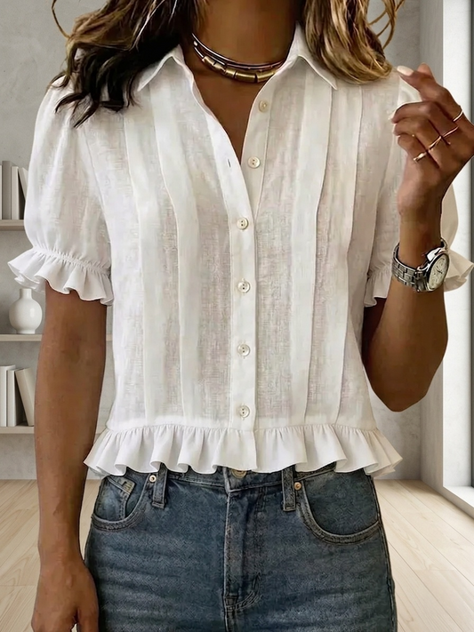 New Arrivals🔥Women's Solid-color Short-sleeve Casual Loose Cotton-linen Shirt With Cardigan Collar