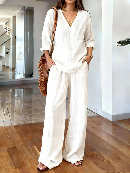 Women's Casual V- Neck Long Sleeve Set