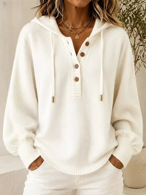 Women's Hooded Knit Sweater – Button Detail Soft Pullover Casual Jumper