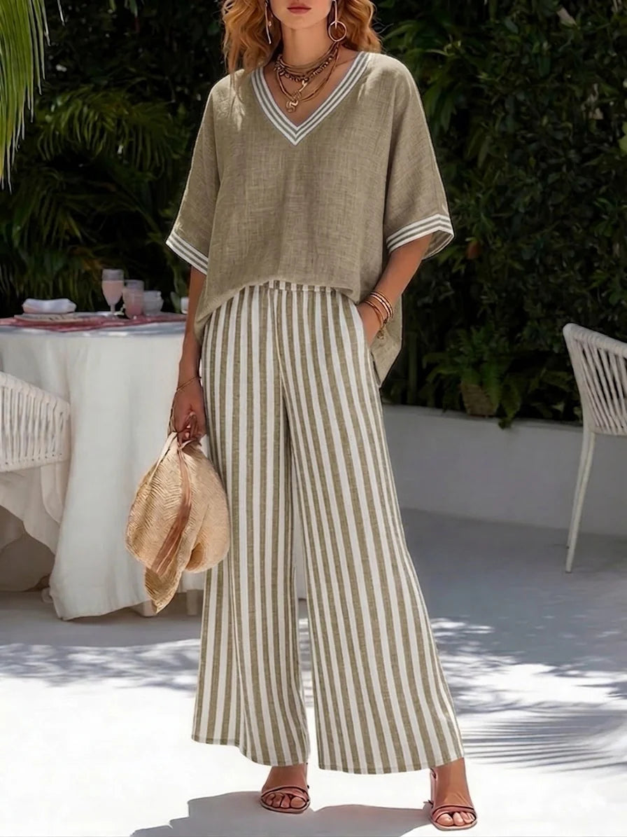 New Arrivals🔥Loose-fit V Neck Striped Cotton Linen Two-piece Set