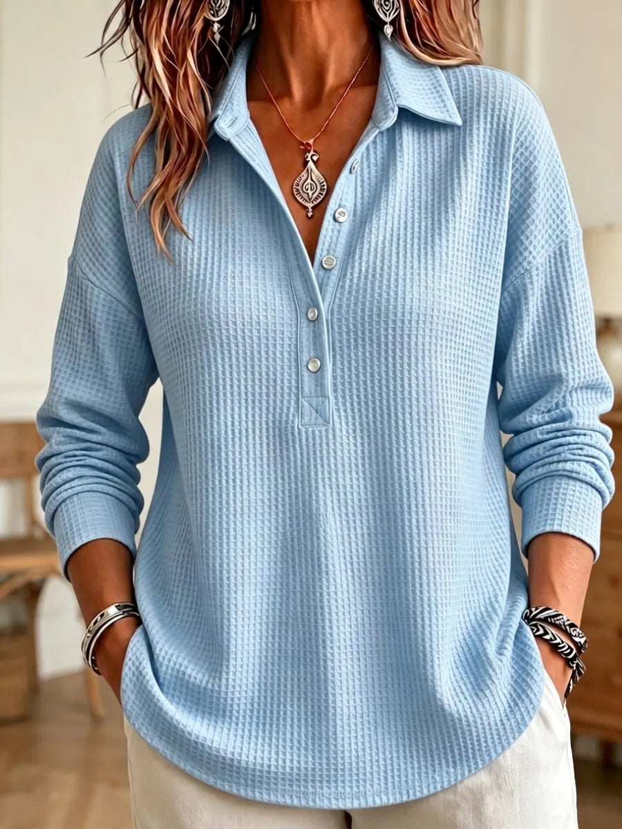 CLEARANCE SALE🔥 Women's Casual Waffle Knit Collared Henley Long Sleeve Shirt