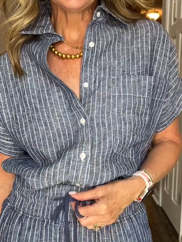 NEW💥 Cotton Linen Striped Classic Pocket Shirt Set