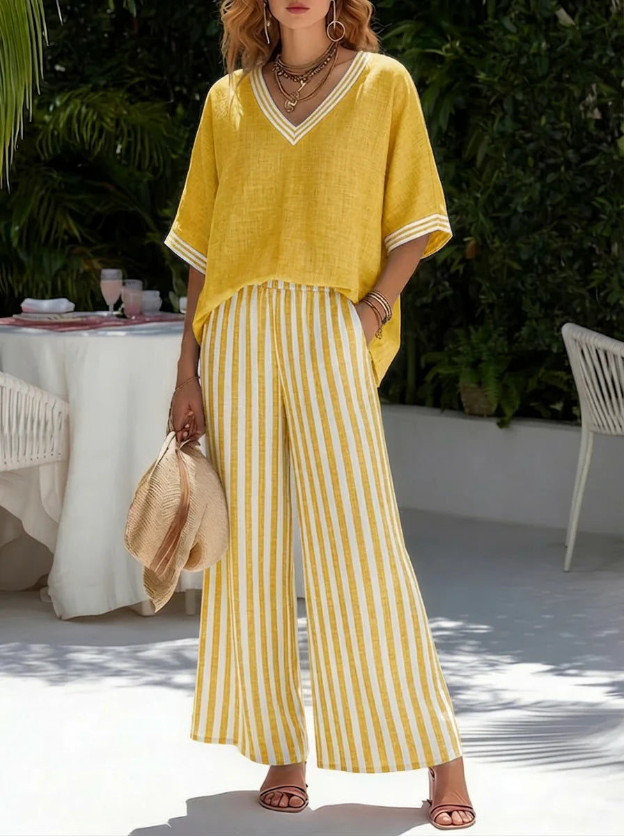 New Arrivals🔥Loose-fit V Neck Striped Cotton Linen Two-piece Set