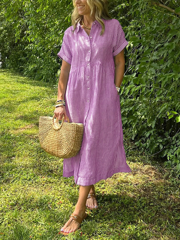 NEW🔥 Striped Lapel Button Down Shirt Dress