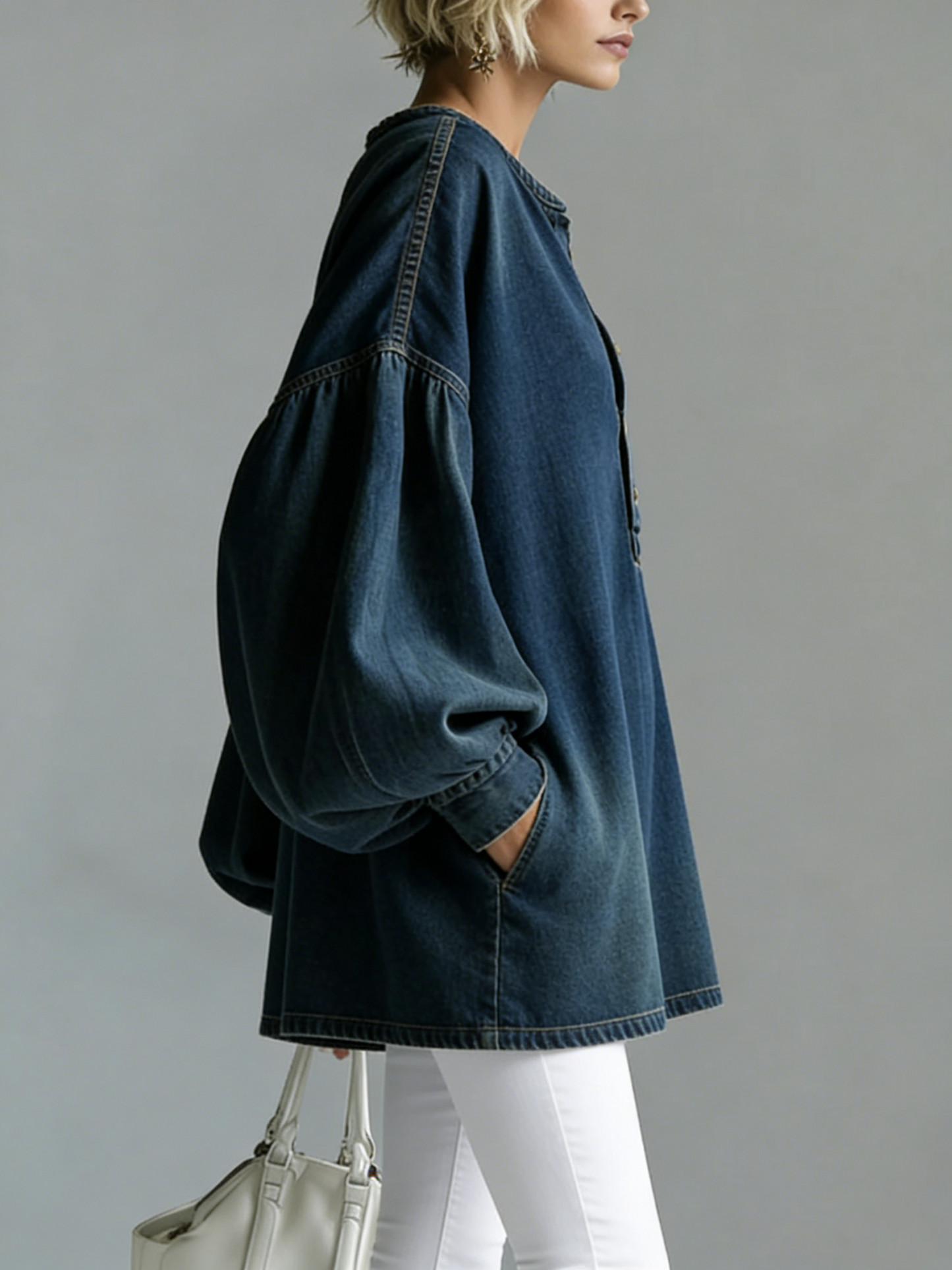 💝💝Women's V-neck Long-sleeved Casual Loose Denim Top