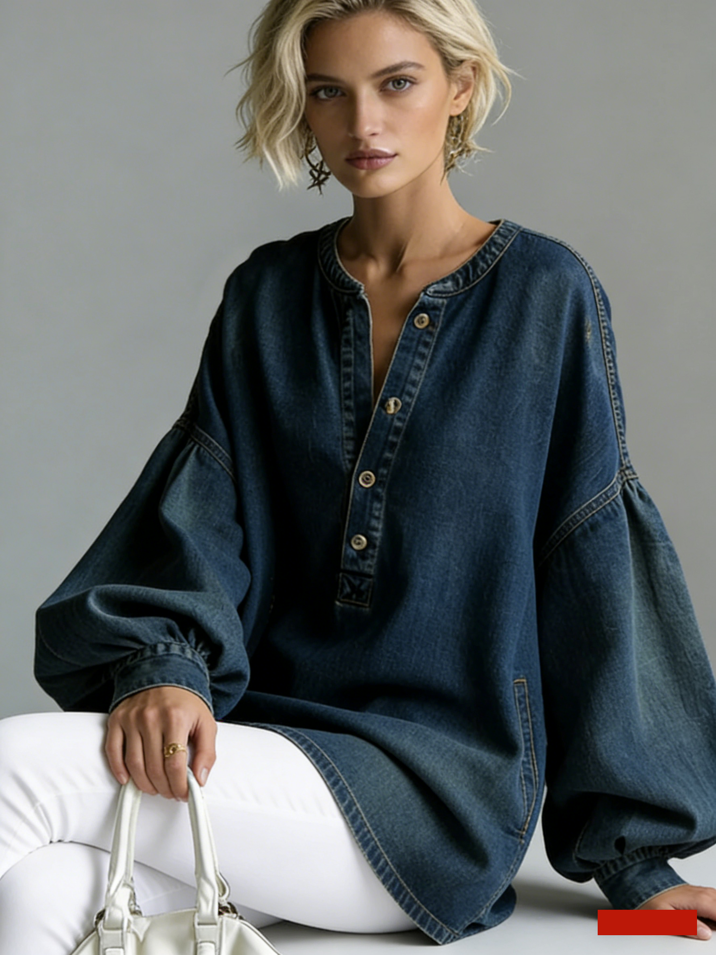 💝💝Women's V-neck Long-sleeved Casual Loose Denim Top