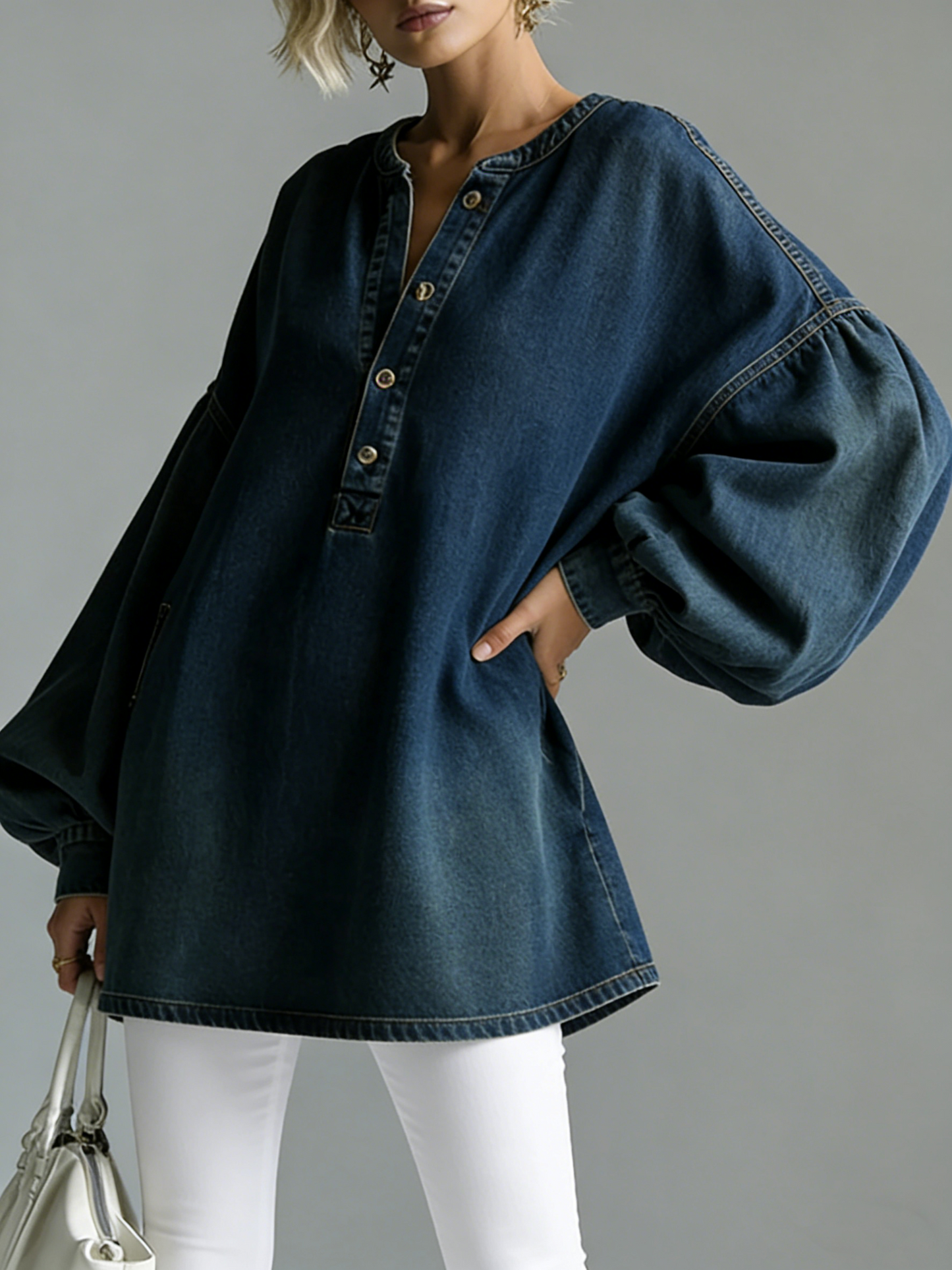 💝💝Women's V-neck Long-sleeved Casual Loose Denim Top