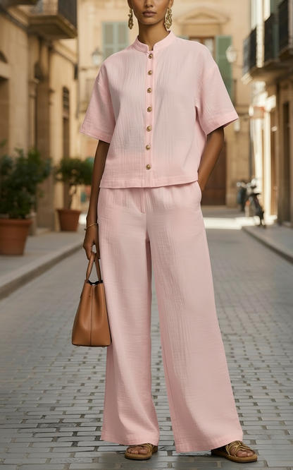 New Arrivals🔥Women's Lightweight Button-Up Top and Loose Wide-Leg Pants Set