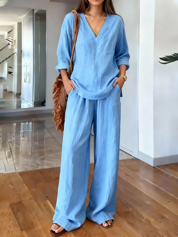 Women's Casual V- Neck Long Sleeve Set