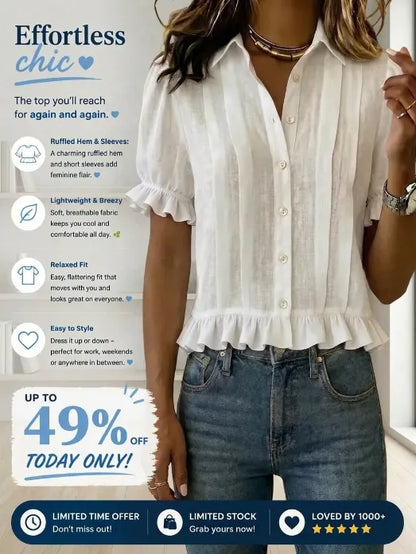 New Arrivals🔥Women's Solid-color Short-sleeve Casual Loose Cotton-linen Shirt With Cardigan Collar