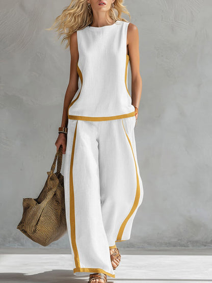 New Arrivals🔥 Women's Round Neck Sleeveless Casual Loose Top & Loose Wide-leg Pants Cotton and Linen Set