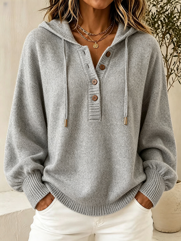 Women's Hooded Knit Sweater – Button Detail Soft Pullover Casual Jumper
