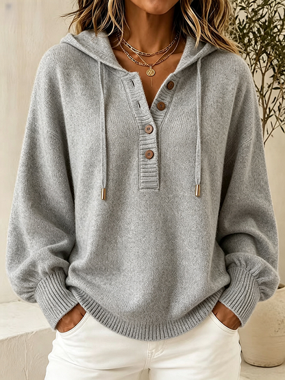 Women's Hooded Knit Sweater – Button Detail Soft Pullover Casual Jumper