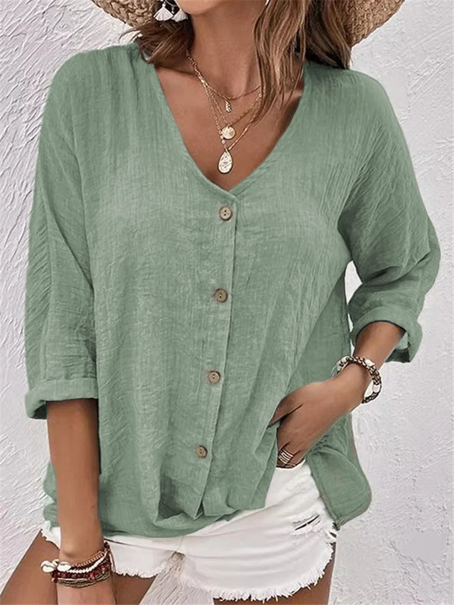 Women's V-neck Pullover Short Sleeve Loose-fit Shirt