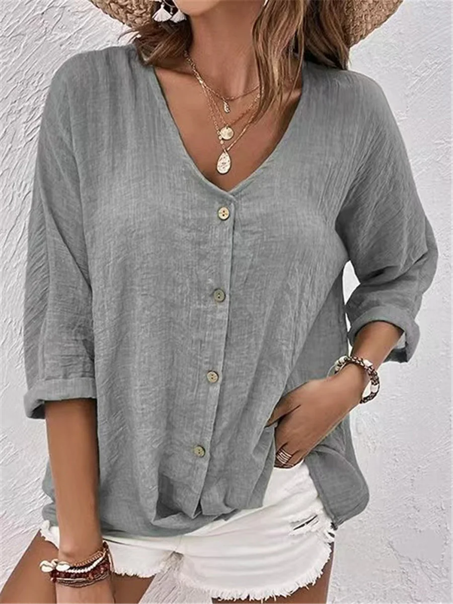 Women's V-neck Pullover Short Sleeve Loose-fit Shirt