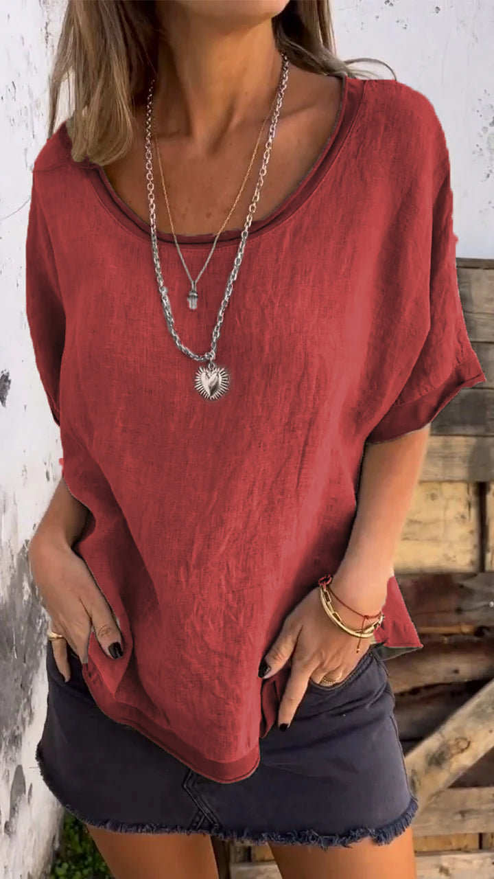 🎄Christmas Sale🔥Women's Summer Casual Linen Round Neck Short Sleeve Top